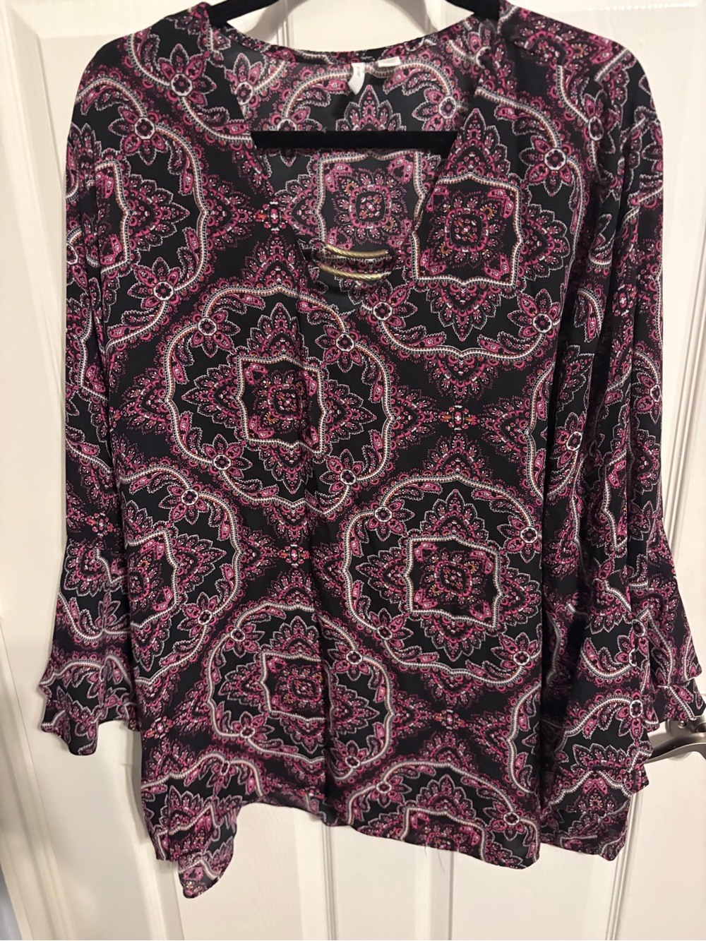 1- Cato Black and Pink Paisley V-Neck Blouse
